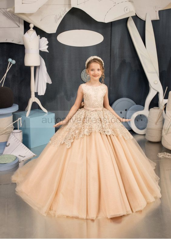 Gold Lace Cappuccino Tulle Peplum Flower Girl Dress